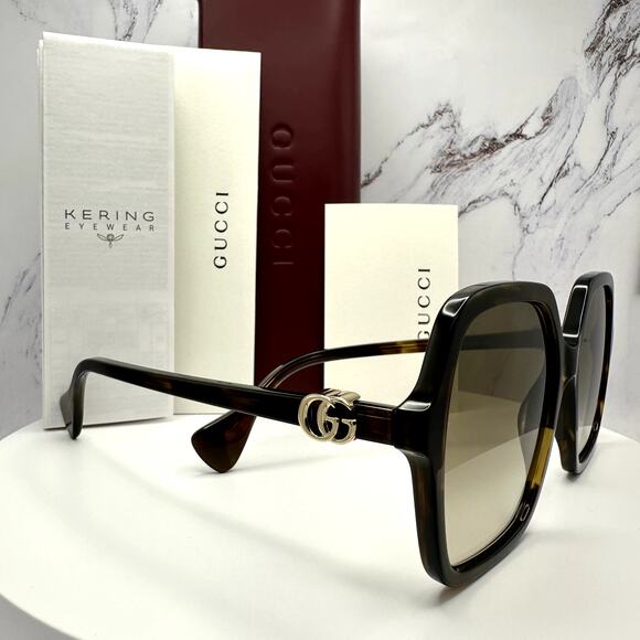 NEW GUCCI Sunglasses Brown Square Oversized Gold Metal GG Logo 56mm